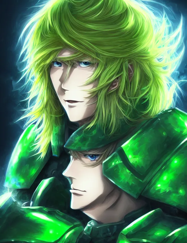 Image similar to an excellent anime portrait of a long haired blonde man with blue eyes in green armour glowing with green energy, trending on artstation, digital art, 4 k resolution, detailed, high quality, sharp focus, hq artwork, coherent, insane detail, character portrait, body portrait