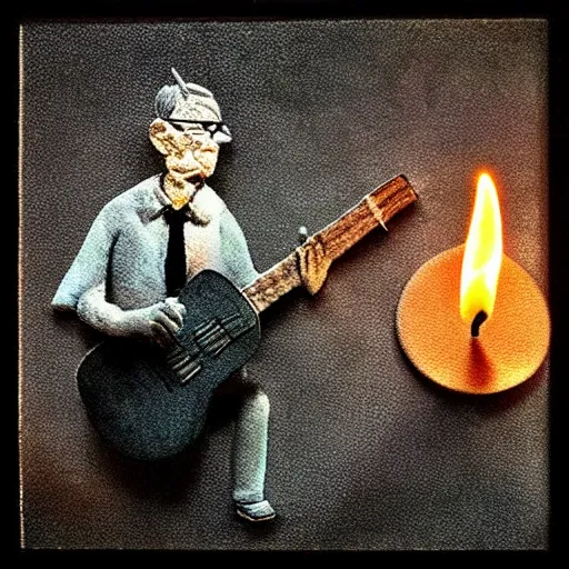 Prompt: “Claymation art of a old man playing guitar, 100mm, candle lightning, industrial colours, extremely detailed”