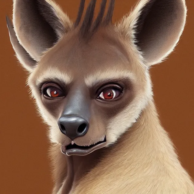 Image similar to a beautiful portrait of a cute anthropomorphic humanoid brown hyena fursona. big eyes. character design by cory loftis fenghua zhong ryohei hase isma