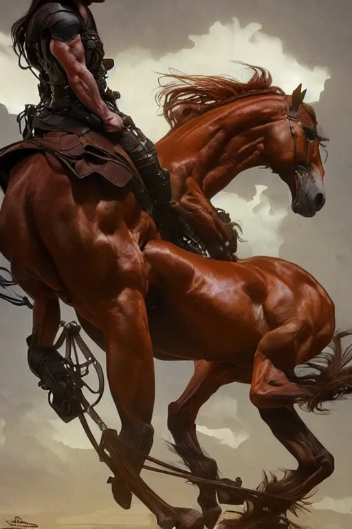 Image similar to an enormously muscular horse at a research facility doffed in leather, highly detailed, digital painting, artstation, concept art, sharp smooth focus, illustration, art by artgerm and greg rutkowski and alphonse mucha