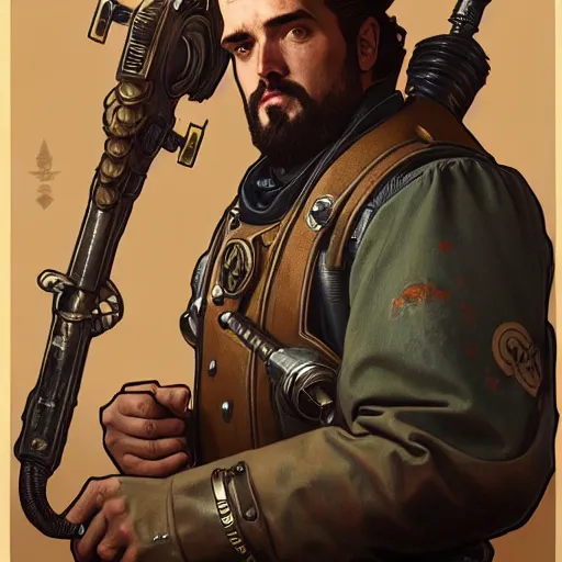 Image similar to full portrait of fallout 4 kevin smith, fantasy, d & d, intricate, detailed, by by alphonse mucha, adolfo hohenstein, alice russell glenny, stanley artgerm lau, greg rutkowski, detailed, trending on artstation, trending on artstation, smooth