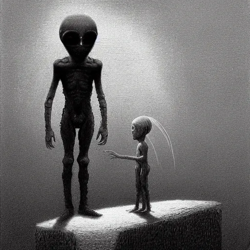 Prompt: cute girl alien meets human boy from Earth by Beksinski