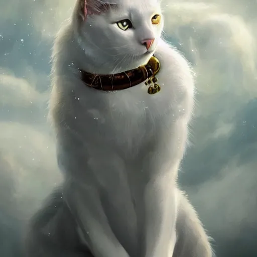 Image similar to portrait of a beautiful white cat celestial background,, fantasy, highly detailed, cinematic lighting, digital art painting by artgem and greg rutkowsk, trending on artstation, very very beautiful, very attractive, high fantasy