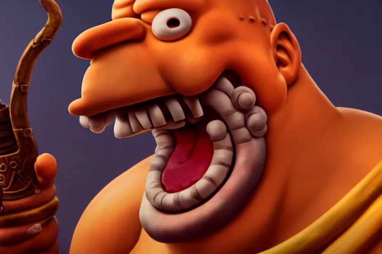 Image similar to a very detailed art of homer simpson mixed with garrosh hellscream from warcraft trending on artstation, digital art, 4 k, hyper realistic, octane render, sharp focus