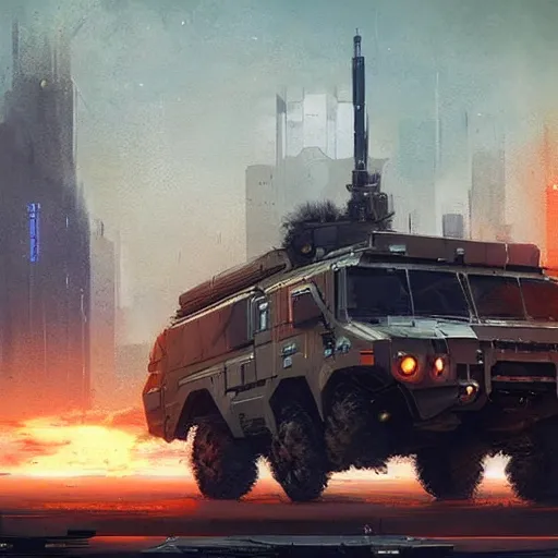 Image similar to m 1 4 2 himars vehicle a realistic scifi cyberpunk, art by and greg rutkowski, digital art, trending on artstation, symmetry