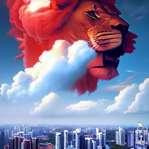 Prompt: Singapore city with a lion-shaped cloud in the sky and a squadron of chinooks flying in the sky, by by James Jean and Wayne Barlowe, red and white lighting, digital art, ultra realistic, ultra detailed, photorealistic, 4k, character concept