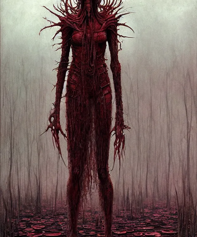 Prompt: a detailed mantiswoman stands among the swamps. wearing a ripped mantle, robe. perfect faces, extremely high details, realistic, fantasy art, solo, masterpiece, art by hermann nitsch, zdzislaw beksinski, dariusz zawadzki, giger, dragan bibin