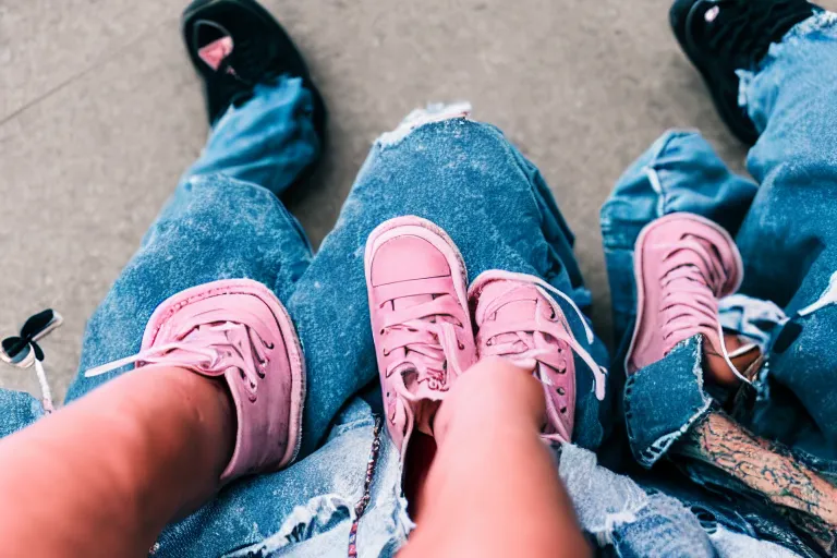 Prompt: First person view of someone laying in an ambulance with ripped jeans and pink shoes