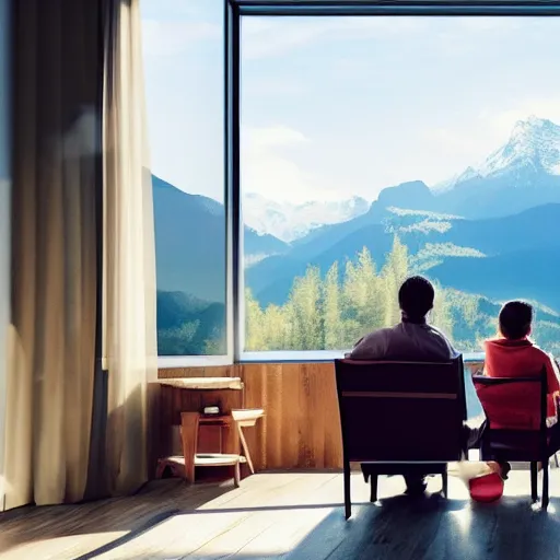 Image similar to a family sitting in a chair looking at the mountains, clear sky, cinematic lighting, beatiful house, river, 4k, HD