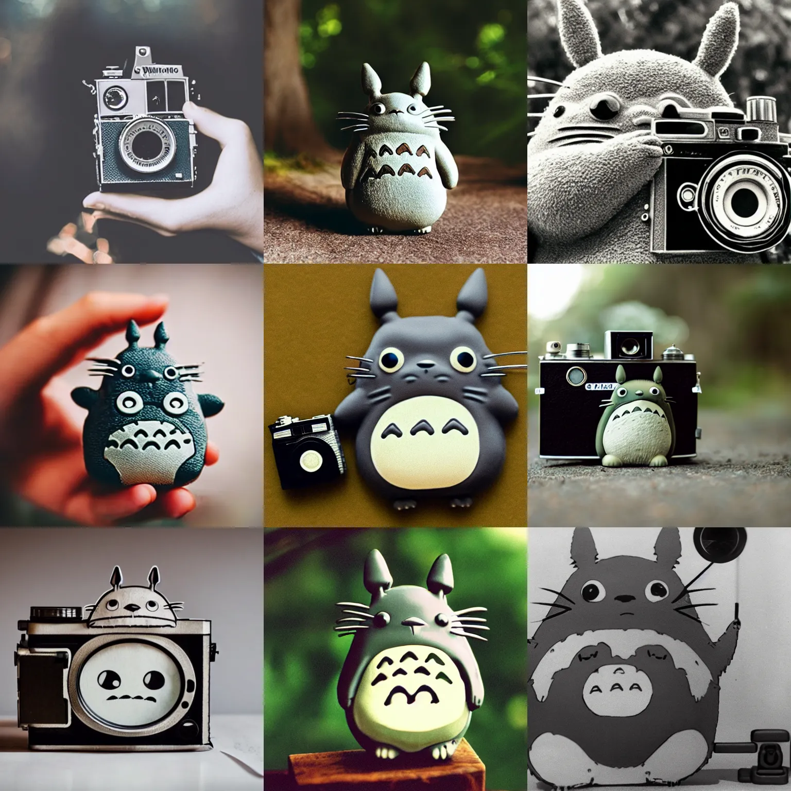 Prompt: totoro holding a vintage film camera