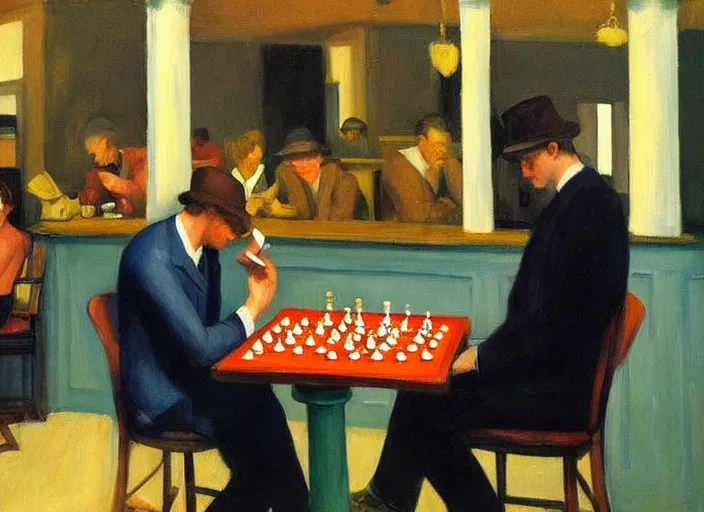 Prompt: a men play chess with a woman in a bar, oil painting, realistic painting, art by edward hopper,