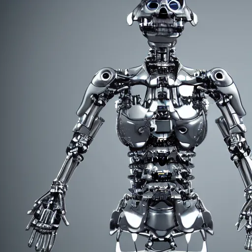 Prompt: highly detailed chromium cybernetic endoskeleton in a white room : : transparent armor : : upper body closeup