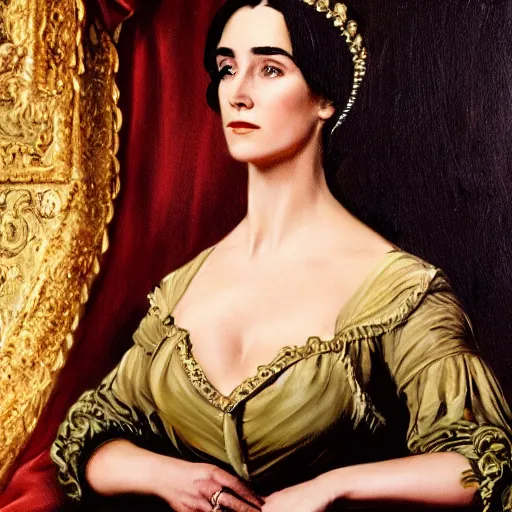 Image similar to frank frazetta portrait of jennifer connelly as queen victoria, full body, 8 k, realistic, photo real, smooth, sharp, intricate detail, hyper detail, dramatic lighting, dramatic shading