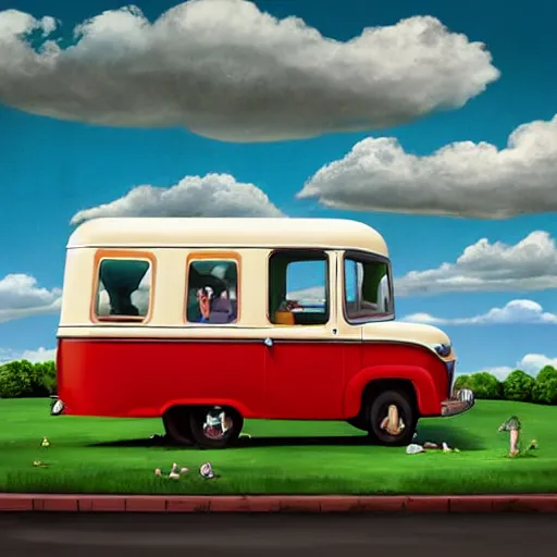 Prompt: digital matte glossy painting nostalgic 1 9 5 0 s ice cream truck, summer day concept art, vivid cloudy sky, children and village britain, detailed in the style of trevor mitchell