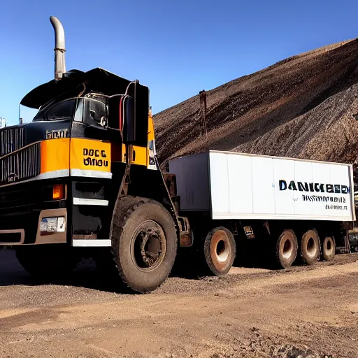 Prompt: A large mining truck with a badger logo, photo credit.