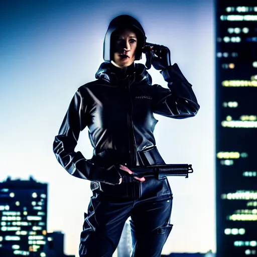 Prompt: photographic portrait of a techwear woman holding a shotgun, holding shotgun down, closeup, on the rooftop of a futuristic city at night, sigma 85mm f/1.4, 4k, depth of field, high resolution, full color, award winning photography, inspired by Kill Bill, inspired by John Wick, inspired by Die Hard, movies with guns, movie firearms