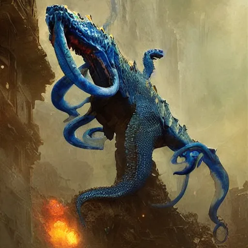 Prompt: blue crocodile squid hybrid, epic fantasy style art by Craig Mullins, fantasy epic digital art, epic fantasy card game art by Greg Rutkowski