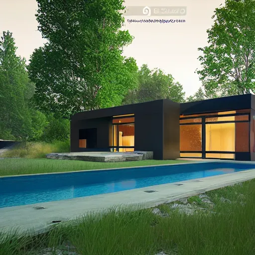 Prompt: contemporary house in the forest, lights inside, foliage, square pool, unreal engine, textures, detailed, realistic
