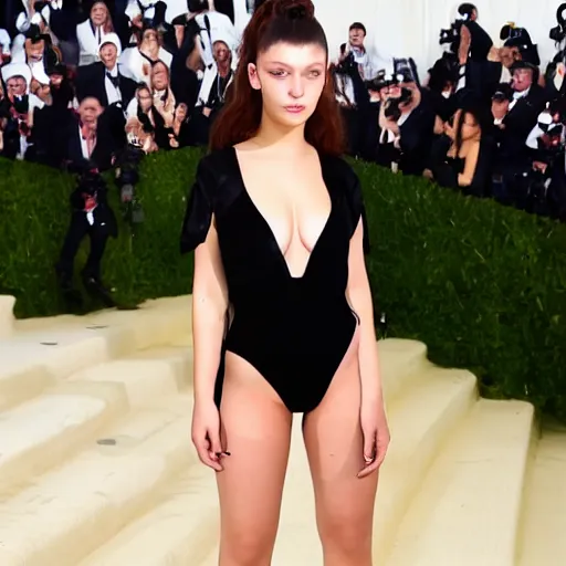 Image similar to lorde and bella hadid hybrid, wearing bodysuit