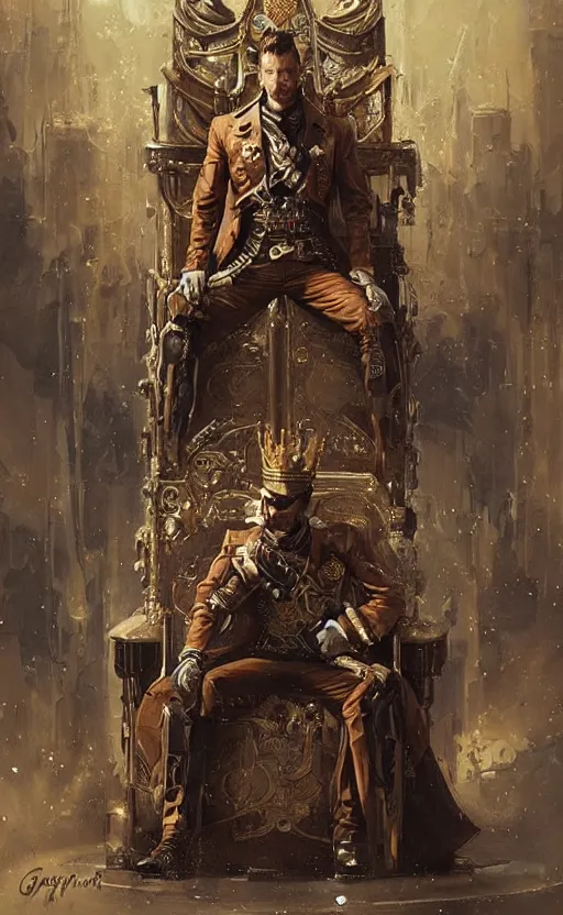 Image similar to « beautiful comic style painting of steampunk king on the throne by greg rutkowski, very detailed »