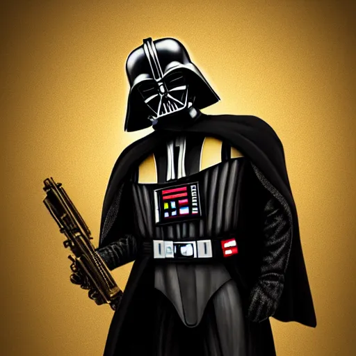 Image similar to gold bordered portrait of darth vader holding a golden ak - 4 7, hyper realistic, surreal, gothic, cyberpunk, nightcore, 4 k, highly detailed, beautifully rendered