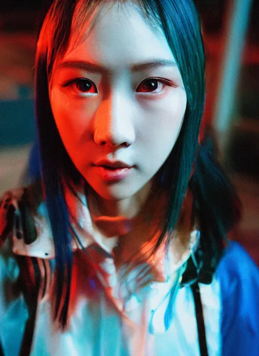 Prompt: a close-up risograph long shot of cyberpunk japanese glossy model girl with black eyes and pretty face wearing lots of transparent cellophane clothes and accessories, blue hour, twilight, cool, portrait, Kodachrome, ISO1200,