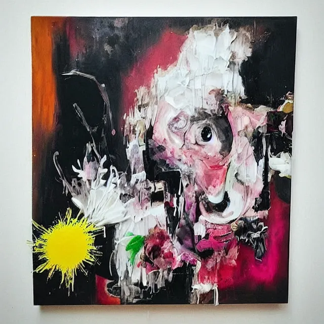 Image similar to “ a portrait in a female art student ’ s apartment, sensual, a pig theme, organic, art supplies, paint tubes, ikebana, herbs, a candle dripping white wax, black walls, squashed berries, berry juice drips, acrylic and spray paint and oilstick on canvas, surrealism, neoexpressionism ”