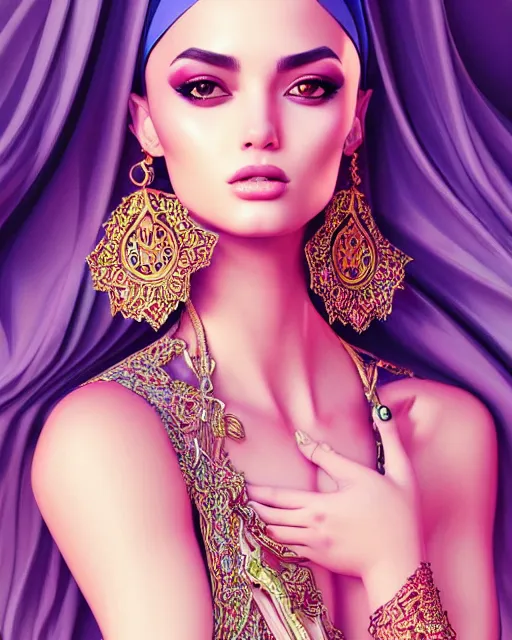 Prompt: richly detailed color illustration of very very very very very beautiful Arab fashion model illustrated by Artgerm and Mina Petrovic and Timothy Kong and Marina Federovna. 3D shadowing