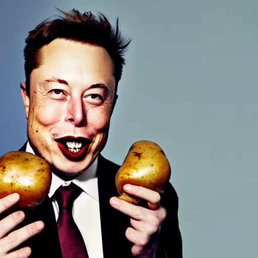 Image similar to elon musk surprised, mouth open wide, holding a potato, 4 k photography, highly detailed, portrait, cinematic lighting