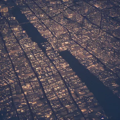 Image similar to looking down from a plane into a distroyed city :: cinematic photography, beautiful light