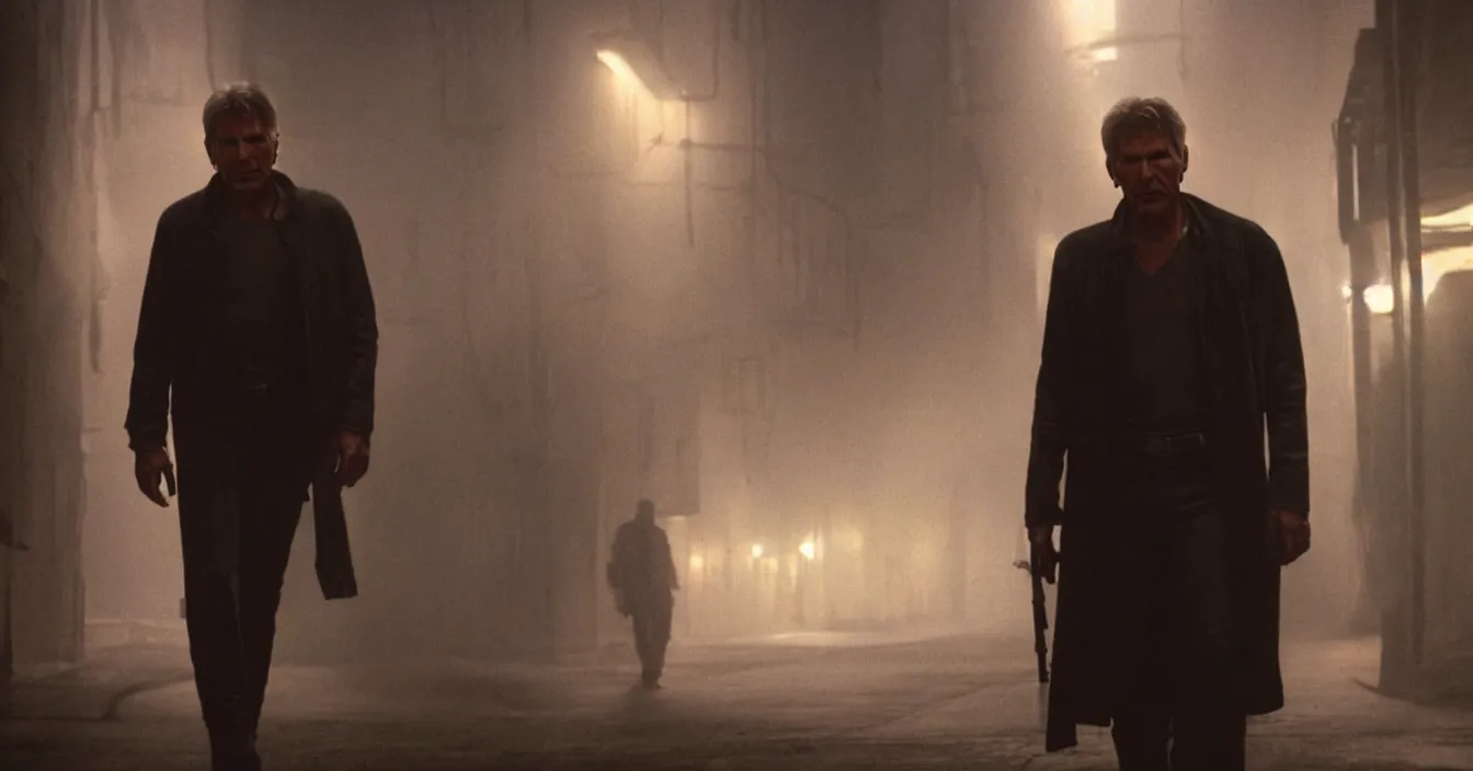 Prompt: Harrison Ford as Rick Deckard walking down alleyway, atmospheric lighting, dutch tilt, foggy, cinematic 4k