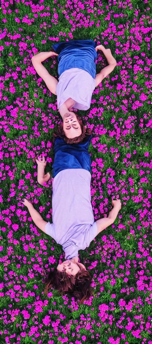 Prompt: aerial view photo of a guy laying in a field of flowers looking at the camera, pastel faded effect, synthwave colors, 8K