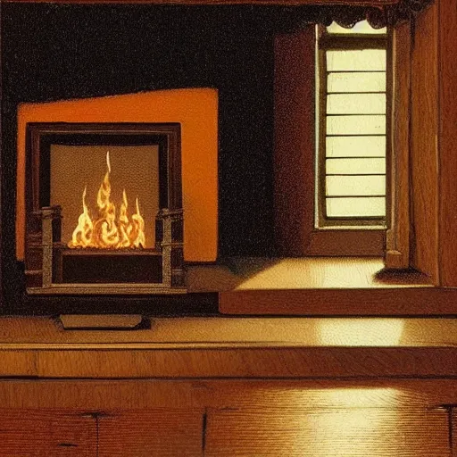 Image similar to “a lonely robot reads a book near a fireplace in a Victorian home.”