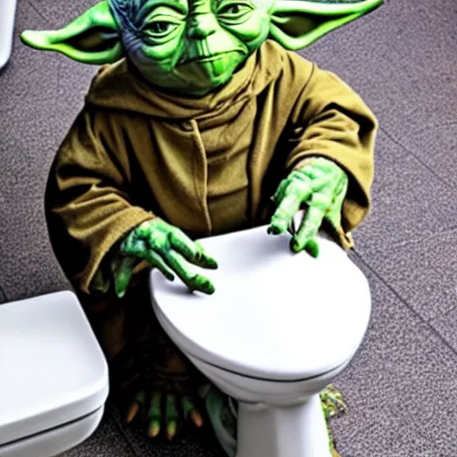 Image similar to yoda sitting on toilet