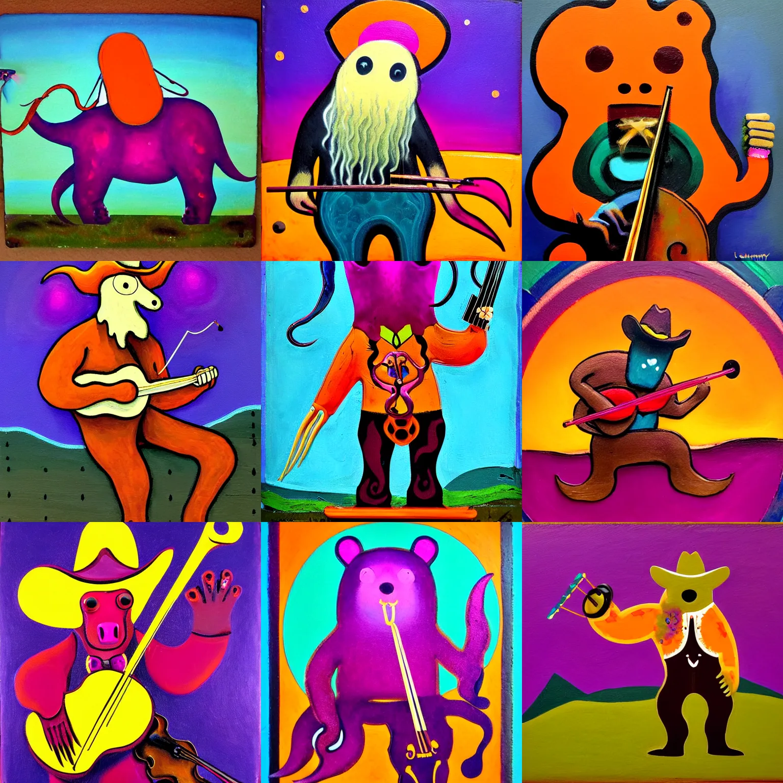 Prompt: cowboy - squid - bear!! creature playing fiddle, art nouveau, luminist, bucolic, prosaic, atmospheric, palette knife, peronine orange and quinacridone magenta