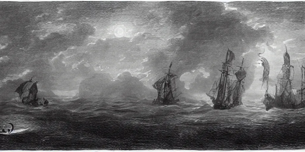 Image similar to it was a night in 1 8 2 0, i hadn't seen a calm sea like that in days, everything seemed too silent to be real, far away i could see the danger that awaited us : the owner of the sea, the terrifying and fearsome cthulhu.