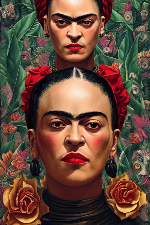 Image similar to rap album cover featuring frida kahlo wearing gangster thug outfit, staring directly into camera, intricate, elegant, dramatic lighting, highly detailed, digital painting, artstation, sharp focus, illustration, art by wlop, mars ravelo and greg rutkowski