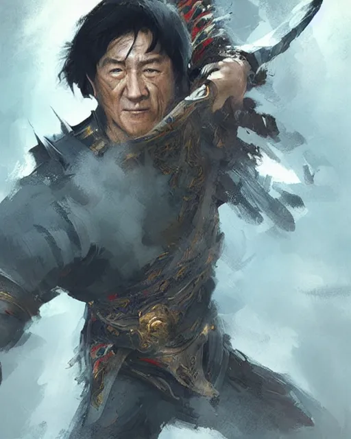 Image similar to a portrait of jackie chan in the style of a [ qin empire ] warrior!, art by greg rutkowski and artgerma, stunning! concept art, character design