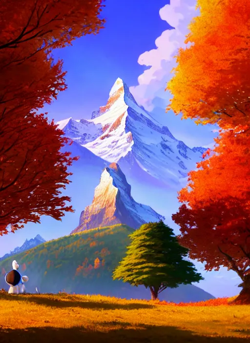 Image similar to a wholesome animation key shot, castle in the middle, swiss alps ( matterhorn ) in the background, autumn foliage in the foreground, studio ghibli, pixar and disney animation, sharp, rendered in unreal engine 5, anime key art by greg rutkowski, bloom, dramatic lighting