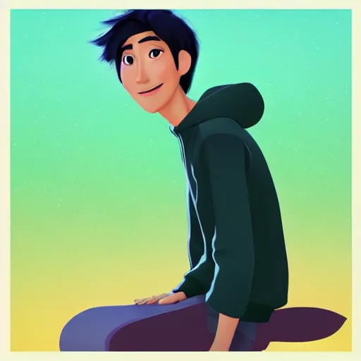 Image similar to tadashi from big hero 6 infront of a forest, profile picture, digital illustration