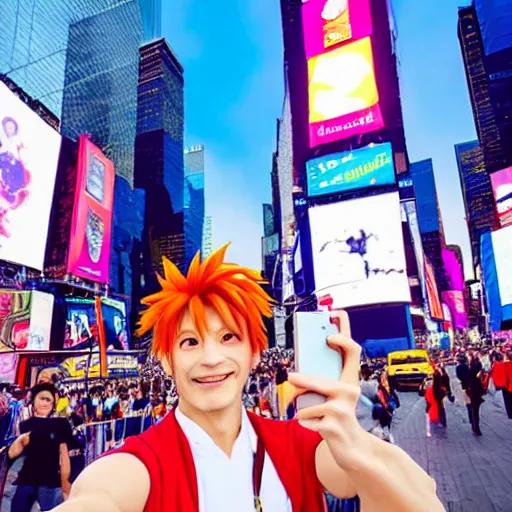 Image similar to hisoka taking a selfie at times square, high quality