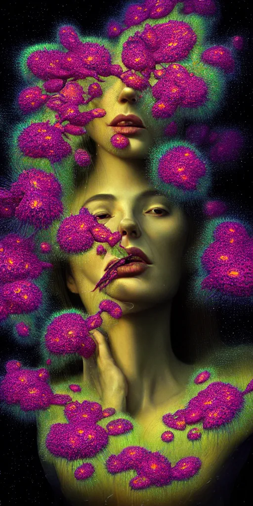 Image similar to hyper detailed 3d render like a Oil painting - Aurora (Singer) seen Eating of the Strangling network of yellowcake aerochrome and milky Fruit and Her delicate Hands hold of gossamer polyp blossoms bring iridescent fungal flowers whose spores black the foolish stars by Jacek Yerka, Mariusz Lewandowski, Houdini algorithmic generative render, Abstract brush strokes, Masterpiece, Edward Hopper and James Gilleard, Zdzislaw Beksinski, Mark Ryden, Wolfgang Lettl, hints of Yayoi Kasuma, octane render, 8k