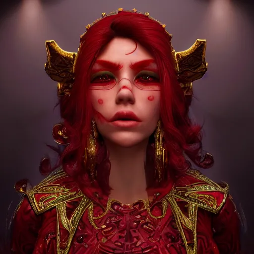 Image similar to minagho, pathfinder wrath of the righteous, demon girl, gorgeous, ornate dashing red garments, earrings, perfect symmetry face, intricate portrait, red dress, ashen blonde hair, 8 k resolution, volumetric lighting, trending on art station, magic realism, octane rendering, unreal engine 5