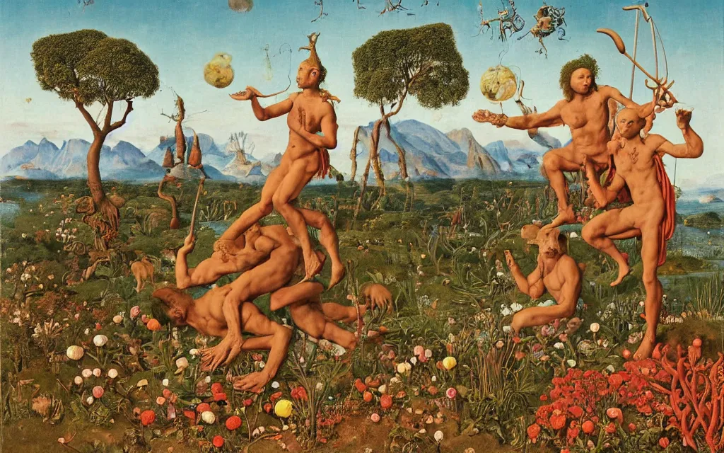 Image similar to a portrait photograph of a meditating satyr and a centaur monk riding a rocket machine and hunting at a river delta. surrounded by bulbous flowers and trees. mountain range under a blue sky of fiery stars. by jan van eyck, max ernst, ernst haeckel, ernst fuchs and artgerm, cgsociety, fashion editorial, 8 k