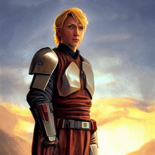 Image similar to a young blonde male jedi with short hair standing still looking at the sunset concept art by Doug Chiang cinematic, realistic painting, high definition, concept art, the Mandalorian concept art style