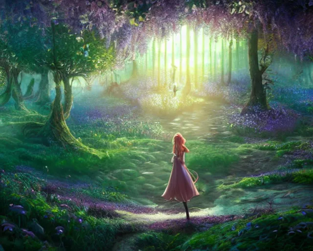 Image similar to beautiful faerie princess walks through happy trippy fungal landscape, by weta, pixar, dan mumford, yusuke murata, makoto shinkai, ross tran 8 k award winning photography, cosmic, heavenly, god rays, intricate detail, cinematic, unreal engine, cel shaded