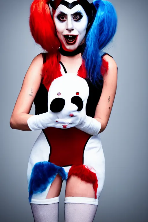 Image similar to scared lady gaga in harley quinn costume attacked by stuffed toy, luxury materials, symmetrical, cinematic, elegant, professional studio light, real dlsr photography, sharp focus, 4 k, ultra hd, sense of awe, high fashion