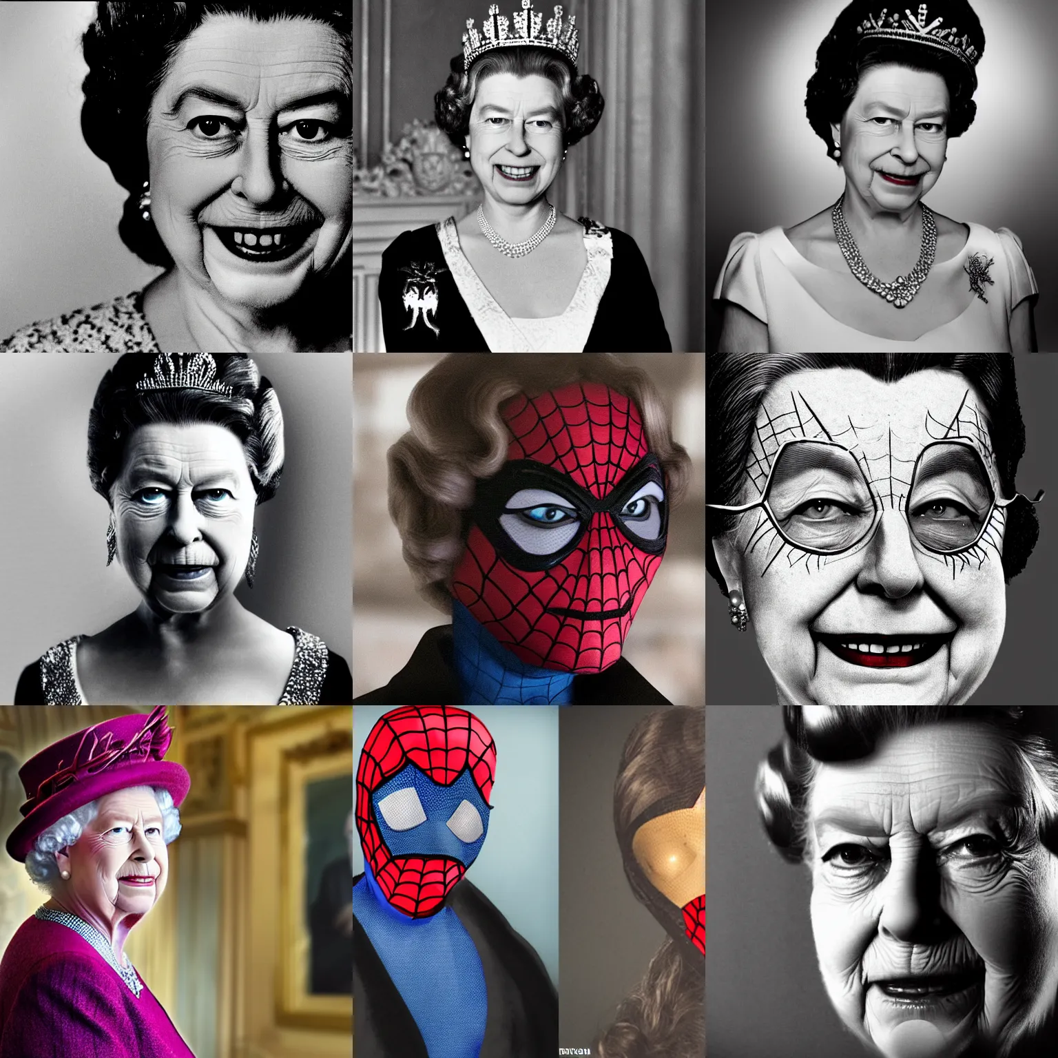 Prompt: queen elizabeth ii as spiderman unmasked, cinematic photograph