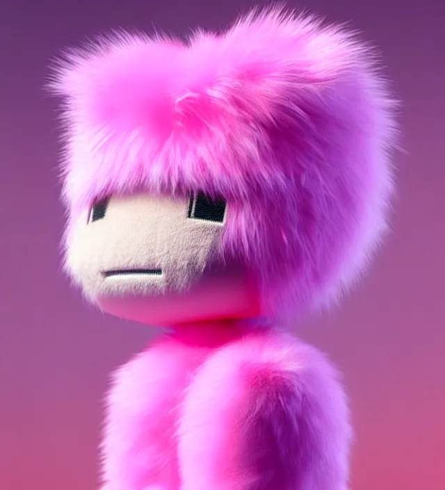 Image similar to high quality 3 d render hyperrealistic very cute small pink robot, plush mascot, short spiky dense fluffy smooth hair, photo from the side, pink fluffy fur, 1 5 0 mm, beautiful natural soft light, rim light, smooth background, artstation, ultra detailed, elegant, ultra detailed, metallic armor, octane render