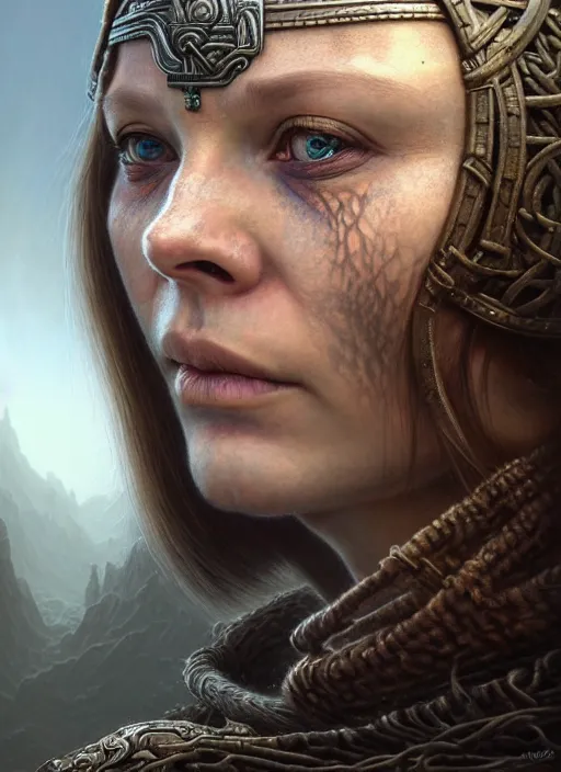 Prompt: closeup portrait shot of a female viking in a scenic dystopian environment, intricate, elegant, highly detailed, centered, digital painting, artstation, concept art, smooth, sharp focus, illustration, artgerm, tomasz alen kopera, peter mohrbacher, donato giancola, joseph christian leyendecker, wlop, boris vallejo